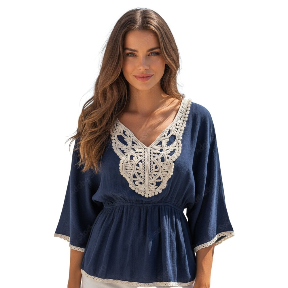 Liberty Love Blouse Womens M Blue Boho Casual Chic Tunic Gauze Crochet Lace Trim